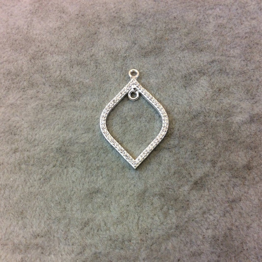 Medium Bright Silver Plated CZ Cubic Zirconia Inlaid Fat Open Marquise Shaped Copper Focal Pendant - Measuring 21mm x 29mm, Approximately
