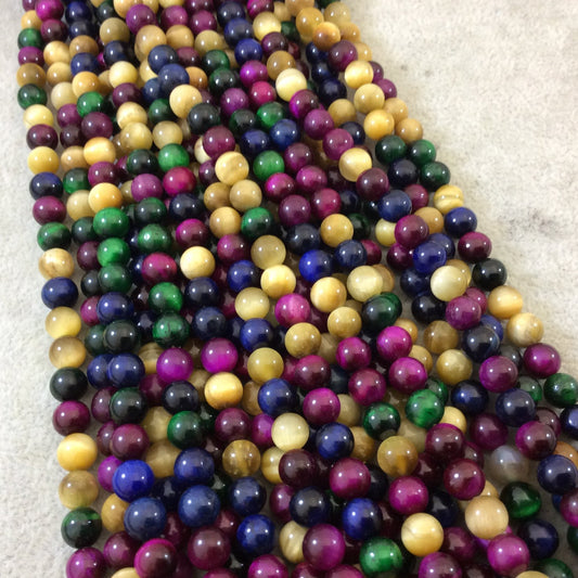6mm Smooth Multicolor Dyed Natural Tiger Eye Round/Ball Shaped Beads with 1mm Holes - 15.5" Strand (Approx. 62 Beads) - Quality Gemstone