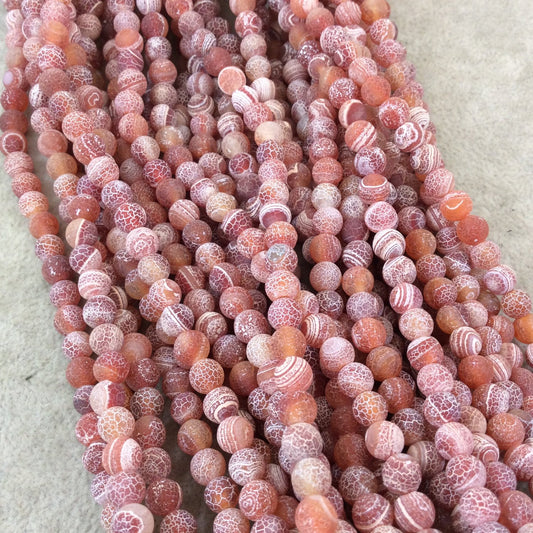 6mm Natural Matte Red/Orange Crackle/Veined Agate Round/Ball Shape Beads with 1mm Holes - 14.5" Strand (Approx. 65 Beads) - Quality Gemstone