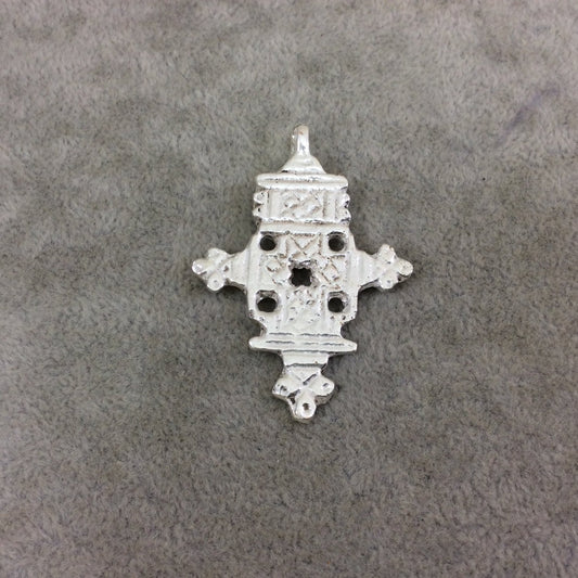 2" Bright Silver Ethiopian Cross Shaped (Style A) Plated Brass Pendant with Horizontal Bail - Measuring 37mm x 48mm - Sold Individually