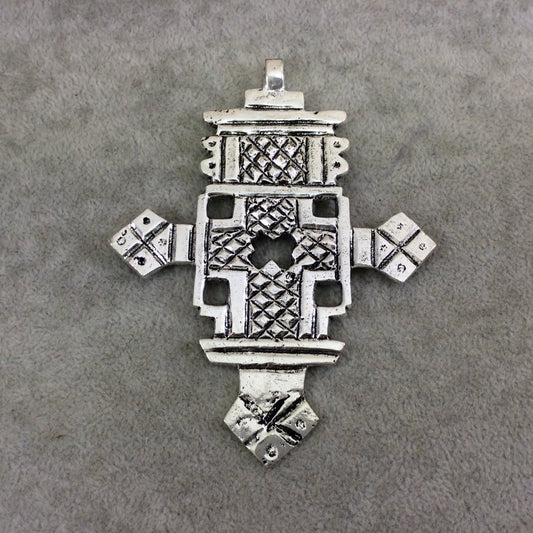 4" Oxidized Silver Ethiopian Cross Shaped (Style A) Plated Brass Pendant with Horizontal Bail - Measuring 81mm x 108mm - Sold Individually