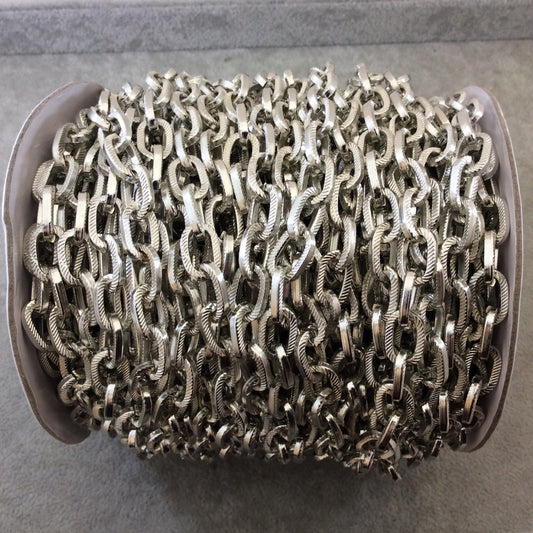 A1357 FULL SPOOL - Silver Plated Aluminum Hammered/Dapped Straight Oval Shaped Cable Chain with 9mm x 14mm Links - Three Finishes Available