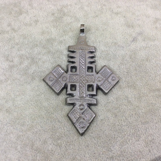 3.5" Gunmetal Ethiopian Cross Shaped (Style B) Plated Brass Pendant with Horizontal Bail - Measuring 57mm x 92mm - Sold Individually
