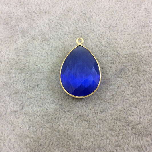 Gold Plated Faceted Synthetic Cobalt Blue Cat's Eye (Manmade Glass) Teardrop Shaped Bezel Pendant - Measuring 18mm x 24mm - Sold Individual