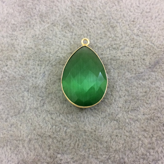 Gold Plated Faceted Synthetic Grass Green Cat's Eye (Manmade Glass) Teardrop Shaped Bezel Pendant - Measuring 18mm x 24mm - Sold Individual