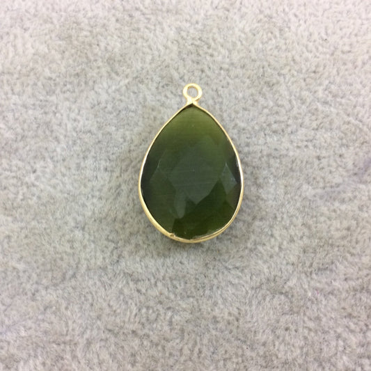Olive Green Cat's Eye Bezel | Gold Plated Faceted Synthetic (Manmade Glass) Teardrop Shaped Pendant - Measuring 18mm x 24mm
