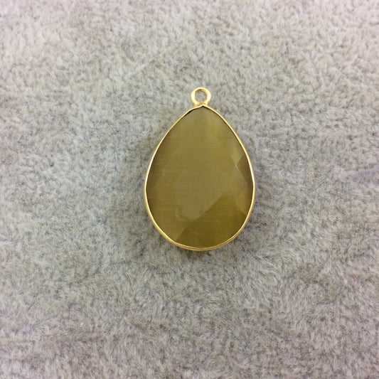 Gold Plated Faceted Synthetic Yellow Ochre Cat's Eye (Manmade Glass) Teardrop Shape Bezel Pendant - Measures 18mm x 24mm - Sold Individual