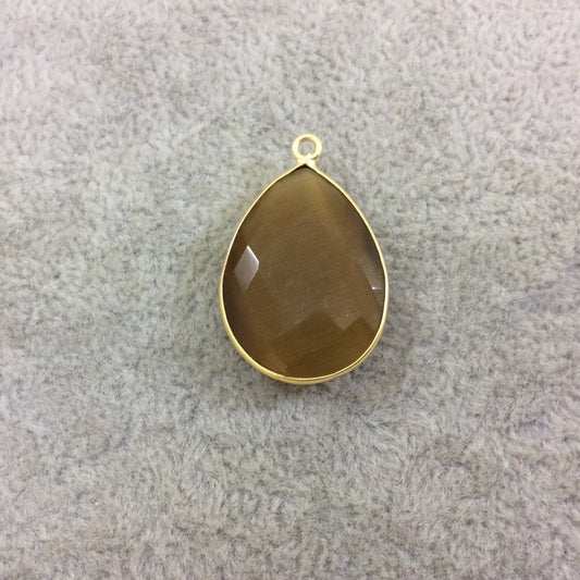 Caramel Brown Cat's Eye Bezel | Gold Plated Faceted Synthetic (Manmade Glass) Teardrop Shape Pendant - Measuring 18mm x 24mm