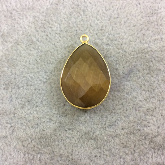 Gold Plated Faceted Synthetic Brown Umber Cat's Eye (Manmade Glass) Teardrop Shaped Bezel Pendant - Measuring 18mm x 24mm - Sold Individual