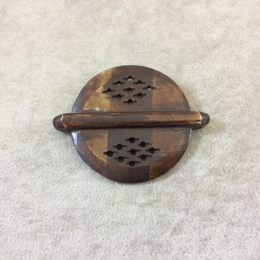 2" Carved Mixed Brown Flat Round/Disc Shaped Natural Bone Pendant/Connector with Two Holes - Measuring 51mm x 51mm, Approx. - (TR2BRFLCRD)