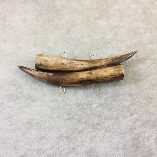 4" Mixed Brown Mirrored Double Antler Tusk Shaped Natural Ox Bone Pendant with Four Suspension Rings - Measuring 110mm x 25mm - (TR4BRDMANT)