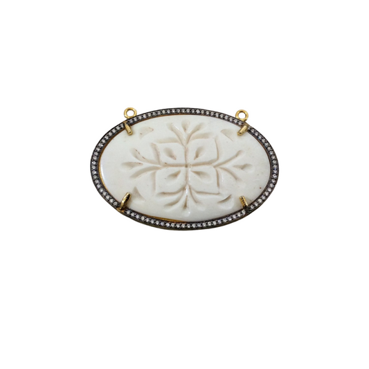 1.5" Pave Cubic Zirconia Encrusted White/Ivory Natural Ox Bone Floral Carved Oval Shaped Pendant - Measuring 54mm x 37mm - Sold Individually