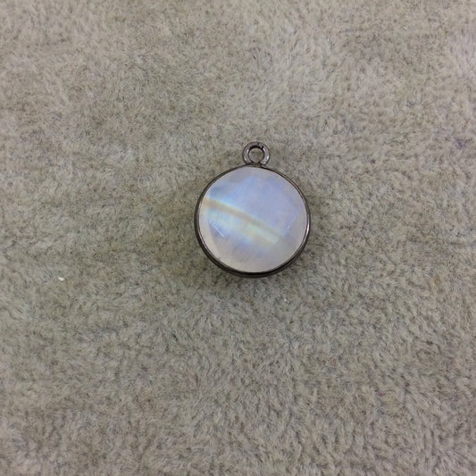 Gunmetal Plated Natural Moonstone Faceted Round/Coin Shaped Copper Bezel Pendant - Measures 14mm x 14mm - Sold Individually, Random