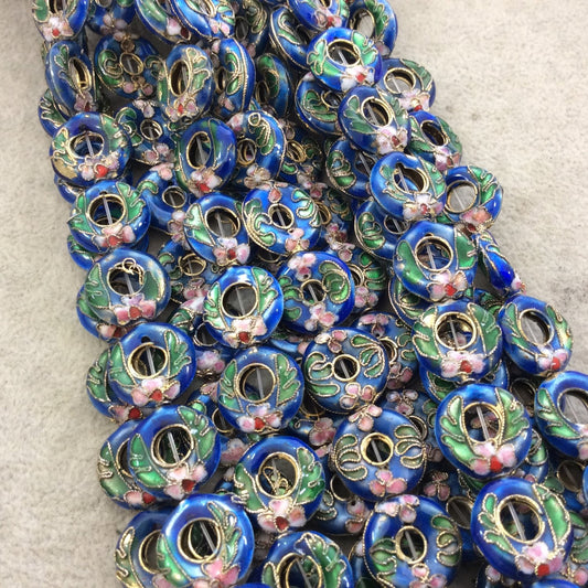 15mm Decorative Floral Medium Blue Donut/Ring Shaped Metal/Enamel Cloisonné Beads - Sold by 15" Strands (Approx. 27 Beads Per Strand)