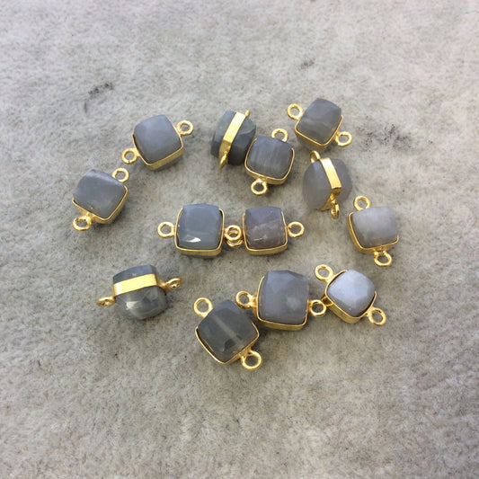 Gold Finish Faceted Natural Gray Moonstone Cube/Square Shape Plated Copper Bezel Connector - Measuring 8-10mm - Sold Individually, Random
