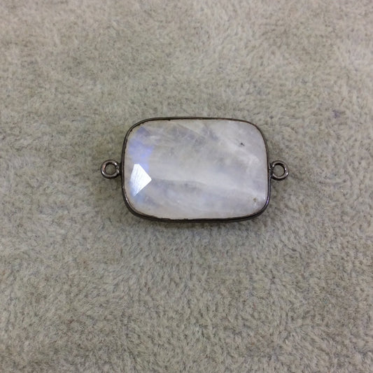 Gunmetal Plated Faceted Natural Iridescent Moonstone Oblong Oval Shaped Bezel Connector - Measuring 18mm x 25mm - Sold Individually