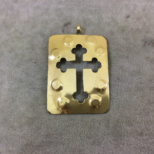 DISC 2.25" Lightweight Gold Plated Medieval Cross Cutout Rectangle Shaped Copper Pendant - Measuring 42mm x 57mm, Approx.