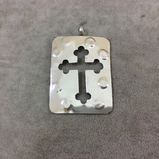 DISC 2.25" Lightweight Bright Silver Plated Medieval Cross Rectangle Shaped Copper Pendant - Measuring 42mm x 57mm, Approx.
