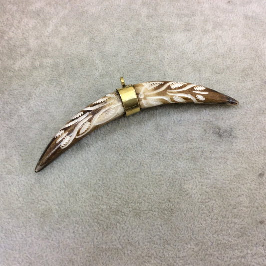 4" Brown/White Long Skinny Banana Tusk Shaped Natural Ox Bone Pendant with Carved Leaf Pattern - Measuring 13mm x 103mm - (TR110)