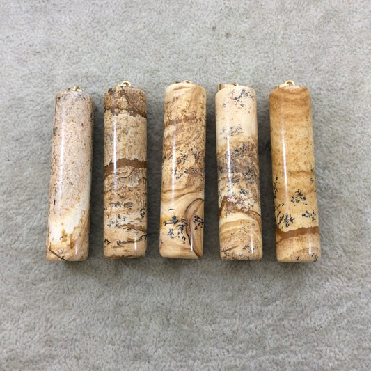 Single Natural Picture Jasper Cylinder Shaped Pendant with Gold Plated Bail - Measuring 14mm x 55-60mm, Approx. - Sold Individually, Random