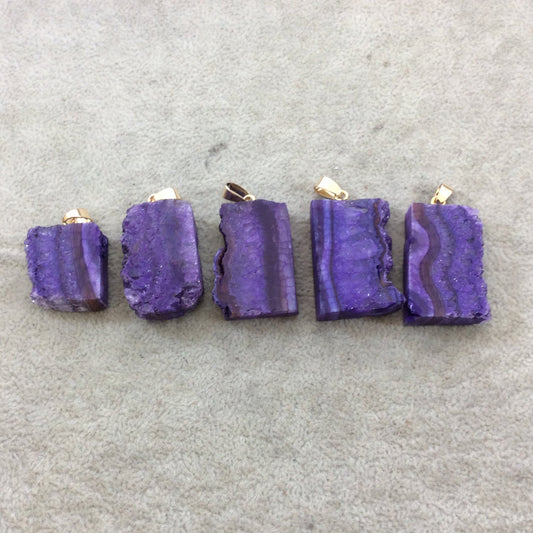 Single Dyed Purple Druzy Agate Freeform Slice/Slab Pendant with Gold Bail - Measuring 15-25mm x 40-50mm Approx. - Sold Individually, Random