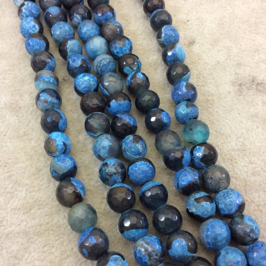 8mm Dyed Bright Blue/Black Natural Agate Faceted Round/Ball Beads with 2.5mm Holes - 7.75" Strand (Approx. 25 Beads) - LARGE HOLE BEADS