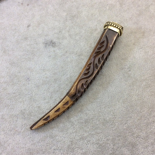 SALE - 4.5" Warm Brown Squared Tusk/Claw Shaped Ox Bone Pendant with Carved Teardrops and Gold Cap - Measuring 18 x 105mm - (TR45WBSQCT)