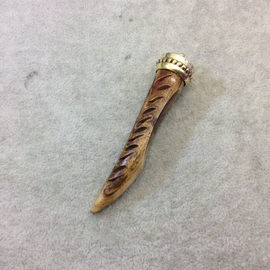 SALE 3" Warm Brown Curved Back Tusk/Claw Shaped Natural Ox Bone Pendant with Slashed Carvings and New Cap - Measuring 18mm x 75mm