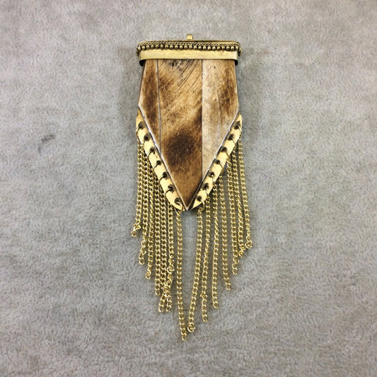2.75" Light Brown Flat Pointed Arrow Shaped Natural Bone Pendant with Gold Plated Cap/Chains - Measuring 45mm x 72mm, Approx.