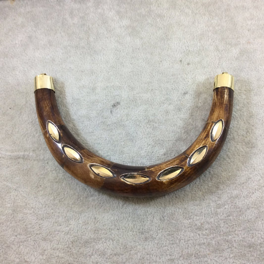 5" Extra Large Mixed Brown Double Ended U-Shaped Crescent Shaped Natural Bone Pendant with Bevel Inlay - Measures 130mm x 85mm
