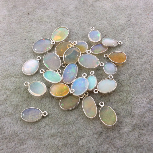 Sterling Silver Smooth Oblong Oval Shaped Genuine Ethiopian Opal Bezel Pendant - Measuring 7-9mm x 12mm - Sold Individually, Random