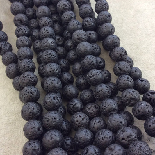 12mm Waxed Natural Jet Black Lava Rock Round/Ball Shaped Beads with 1mm Holes - Sold by 15.5" Strands (Approx. 33 Beads Per Strand)