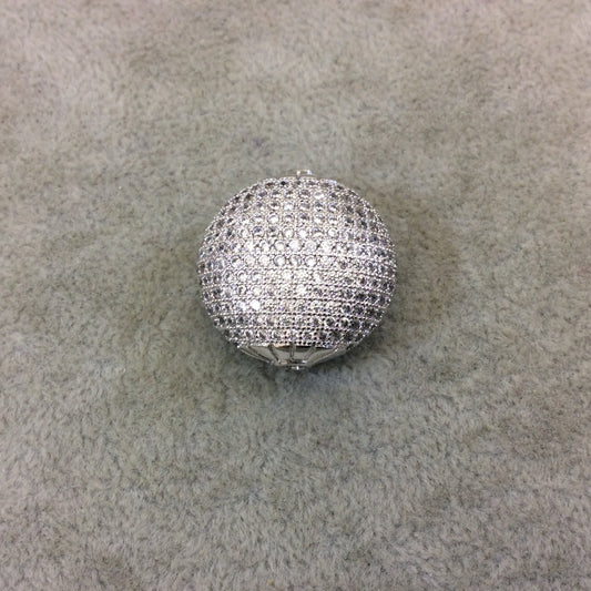 Silver Plated White CZ Cubic Zirconia Inlaid Puffed Coin Shaped Copper Bead - Measuring 25mm x 25mm - See Related for Other Colors!