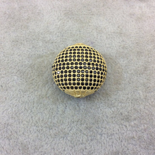 Gold Plated Jet Black CZ Cubic Zirconia Inlaid Puffed Coin Shaped Copper Bead - Measuring 25mm x 25mm - See Related for Other Colors!