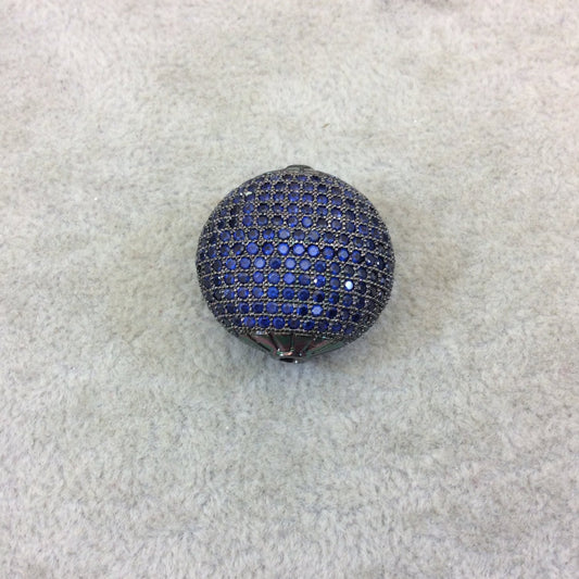 Gunmetal Plated Dark Blue CZ Cubic Zirconia Inlaid Puffed Coin Shaped Copper Bead - Measuring 25mm x 25mm - See Related for Other Colors!