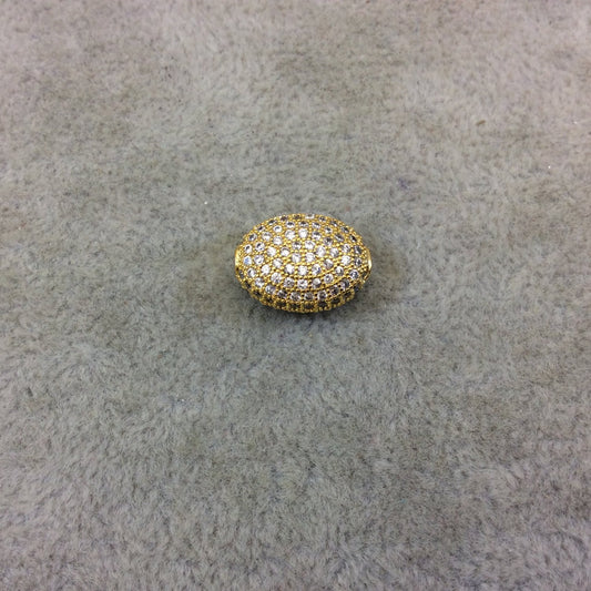 Gold Plated White CZ Cubic Zirconia Inlaid Puffed Oval Shaped Copper Bead - Measuring 11mm x 15mm - See Related for Other Colors!
