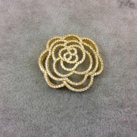 Gold Plated White CZ Cubic Zirconia Inlaid Flat Open Backed Rose Blossom Shaped Copper Slider with 2mm Hole - Measuring 36mm x 36mm
