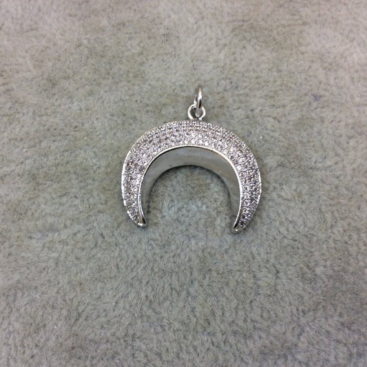 Silver Plated CZ Cubic Zirconia Inlaid Convex Crescent Shaped Copper Pendant - Measuring 25mm x 20mm - Four Colors Available, See Related!
