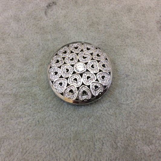 Silver Plated White CZ Cubic Zirconia Inlaid Fancy/Ornate Heart Designed Open Round/Coin Shaped Copper Slider - Measuring 32mm x 32mm