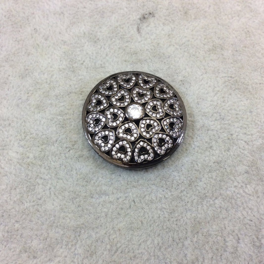Gunmetal Plated White CZ Cubic Zirconia Inlaid Fancy/Ornate Heart Designed Open Round/Coin Shaped Copper Slider - Measuring 32mm x 32mm