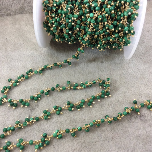 Gold Plated Copper Double Dangle Cable Rosary Chain with 2.5mm Smooth Synthetic Malachite Round Beads - Sold by 1' Cut Sections