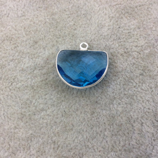 Sterling Silver Faceted Half Moon Shaped Sky Blue Hydro (Man-made) Quartz Bezel Pendant - Measuring 20mm x 15mm - Sold Individually