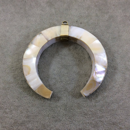 3.75" White/Cream Double Ended Crescent Shaped Natural Abalone Pendant with Plain Gold Plated Bail - Measuring 93mm x 85mm