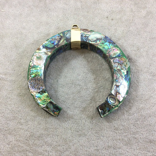 3.75" Rainbow Double Ended Crescent Shape Natural Abalone Pendant with Plain Gold Plated Bail - Measuring 93mm x 85mm