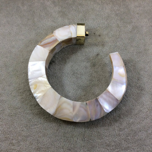 3.75" White/Cream Fishhook Crescent Shaped Natural Abalone Pendant with Plain Gold Plated Bail - Measuring 94mm x 100mm
