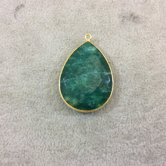 Gold Plated Faceted Synthetic Green Emerald (Lab Created) Teardrop/Pear Shaped Bezel Pendant - Measuring 28mm x 39mm - Sold Individual