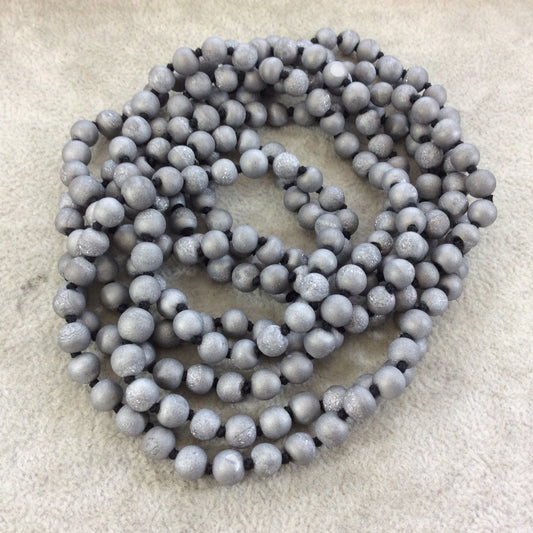 72" Hand-Knotted Black Thread Necklace Featuring 6mm Matte Finish Druzy Round/Ball Shaped Metallic Silver Agate Beads - LIMITED STOCK