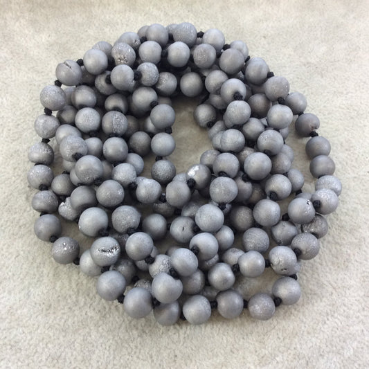 72" Hand-Knotted Black Thread Necklace Featuring 8mm Matte Finish Druzy Round/Ball Shaped Metallic Silver Agate Beads - LIMITED STOCK