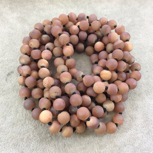 72" Hand-Knotted Black Thread Necklace Featuring 8mm Matte Finish Druzy Round/Ball Shaped Peach/Orange Agate Beads - LIMITED STOCK