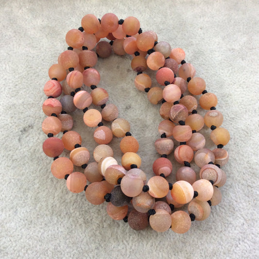 36" Hand-Knotted Black Thread Necklace Featuring 8mm Matte Finish Druzy Round/Ball Shaped Banded Orange Agate Beads - LIMITED STOCK